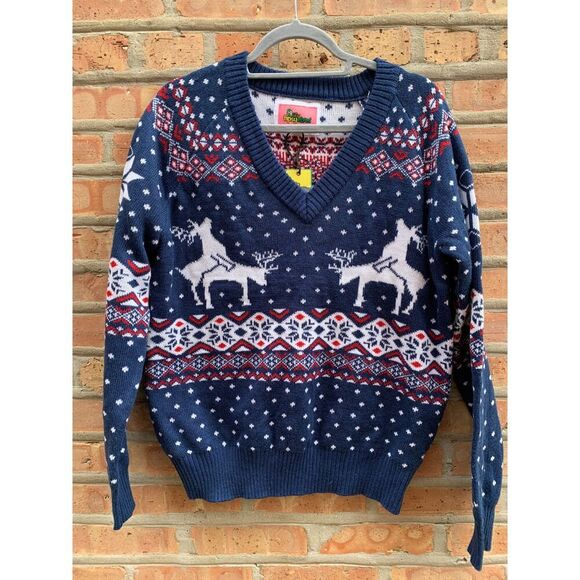 Tispy Elves Sweaters - Tispy Elves Women's Reindeer Climax Ugly Christmas Sweater V-Neck NWOT Large
